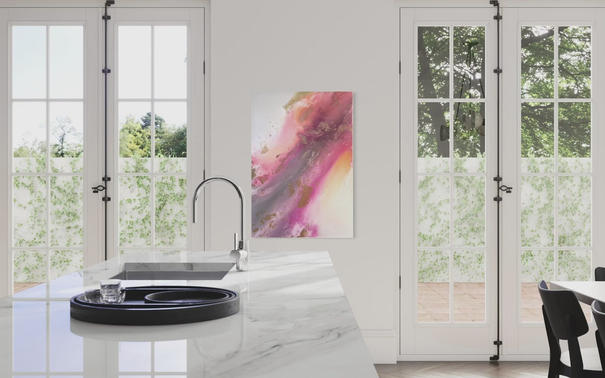 Video of Flow shown on the wall in a styled room